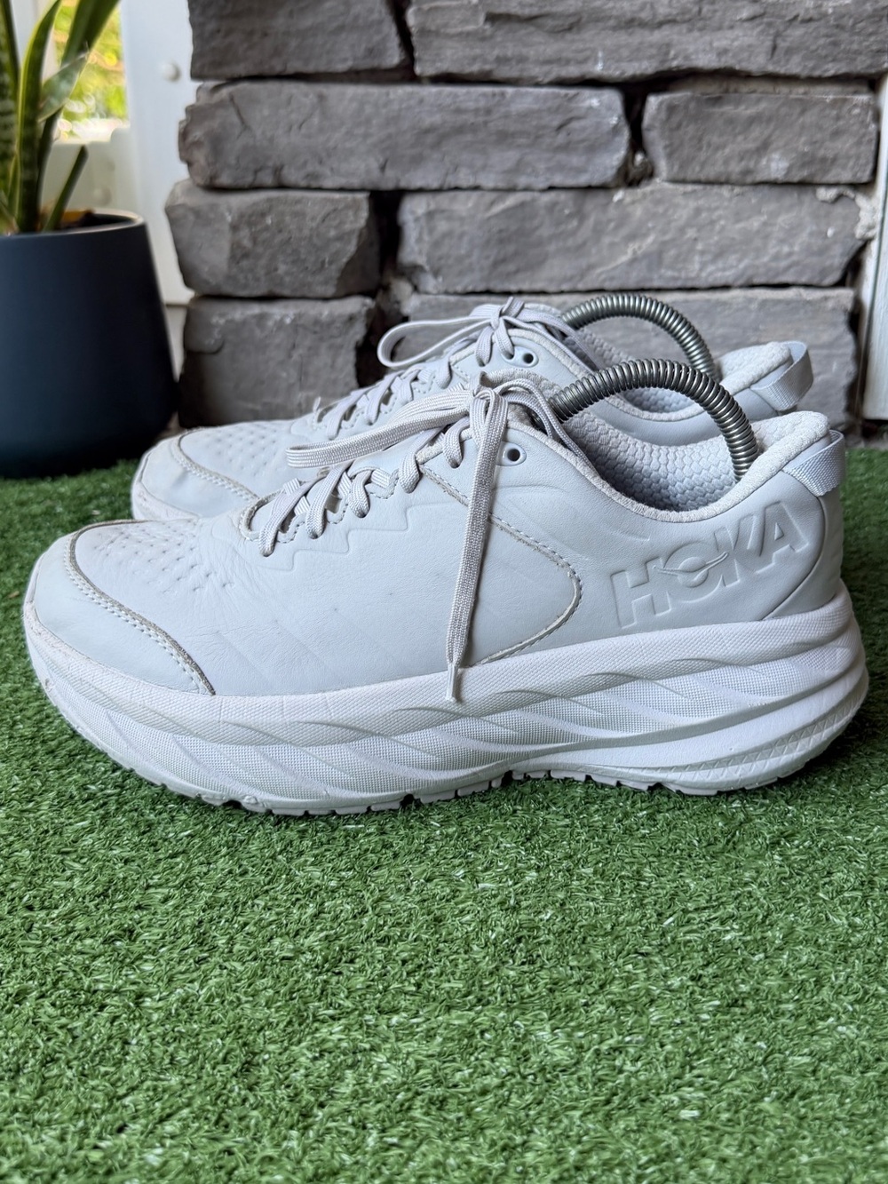 Hoka One One Bondi SR Grey Leather Mens Sneakers